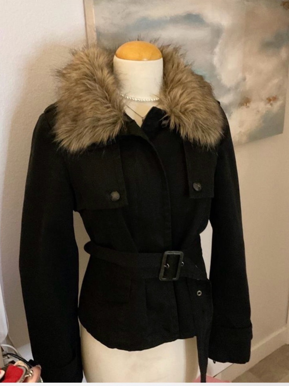 Forever 21 Black Belted Jacket with Faux Fur Collar